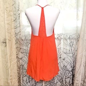 Roxy Orange lace strap band Open Back backless linen crepe halter mini Dress